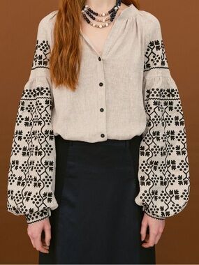 Ukrainian traditional Linen Embroidered Balloon Sleeve Blouse - Black on Cream